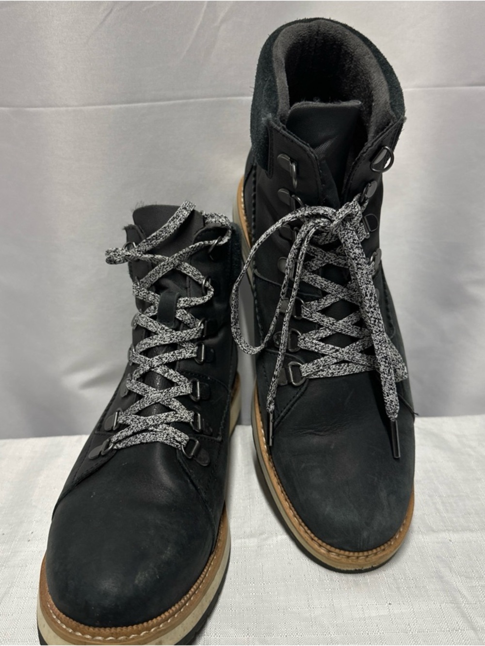 Black Lace-Up Leather Hiking Boots with Tan Sole